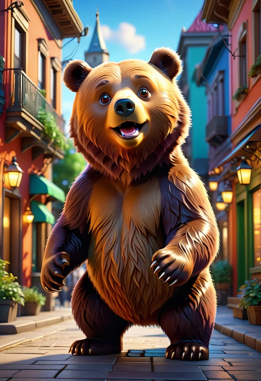 a cute bear,photorealistic 3D render,wandering through a city,detailed architecture,whimsical and comical expression,vibrant colors,dynamic lighting,(best quality,4k,8k,highres,masterpiece:1.2),ultra-detailed,(realistic,photorealistic,photo-realistic:1.37),HDR,UHD,studio lighting,ultra-fine painting,sharp focus,physically-based rendering,extreme detail description,professional,vivid colors,bokeh
