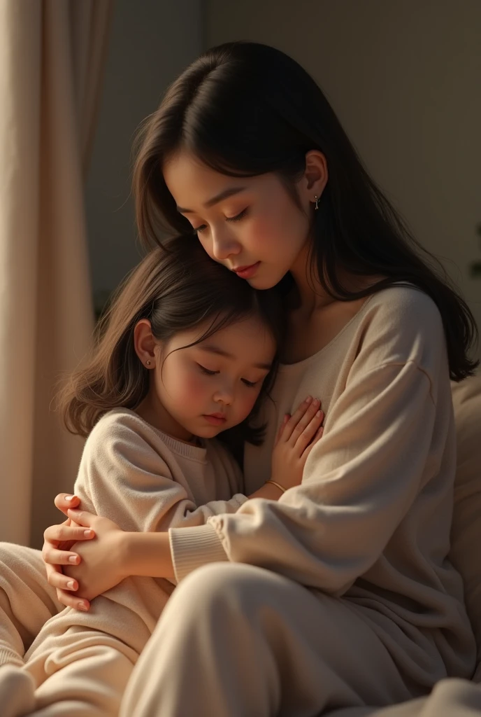 Daughter puts her mother over her knee .