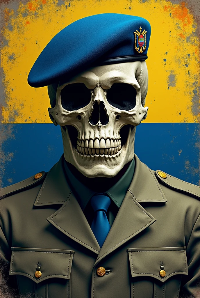 generates an image of a military man in the shape of a skull with a blue beret and pixelated uniform with a worn background of the Ecuadorian flag