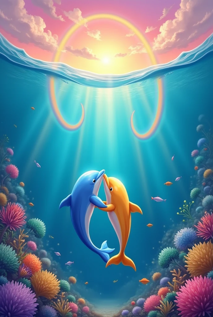 A blue dolphin and a yellow dolphin in love in the ocean with marine flora and fauna and 3 rainbows in the background with the pink sky and colored rays of light