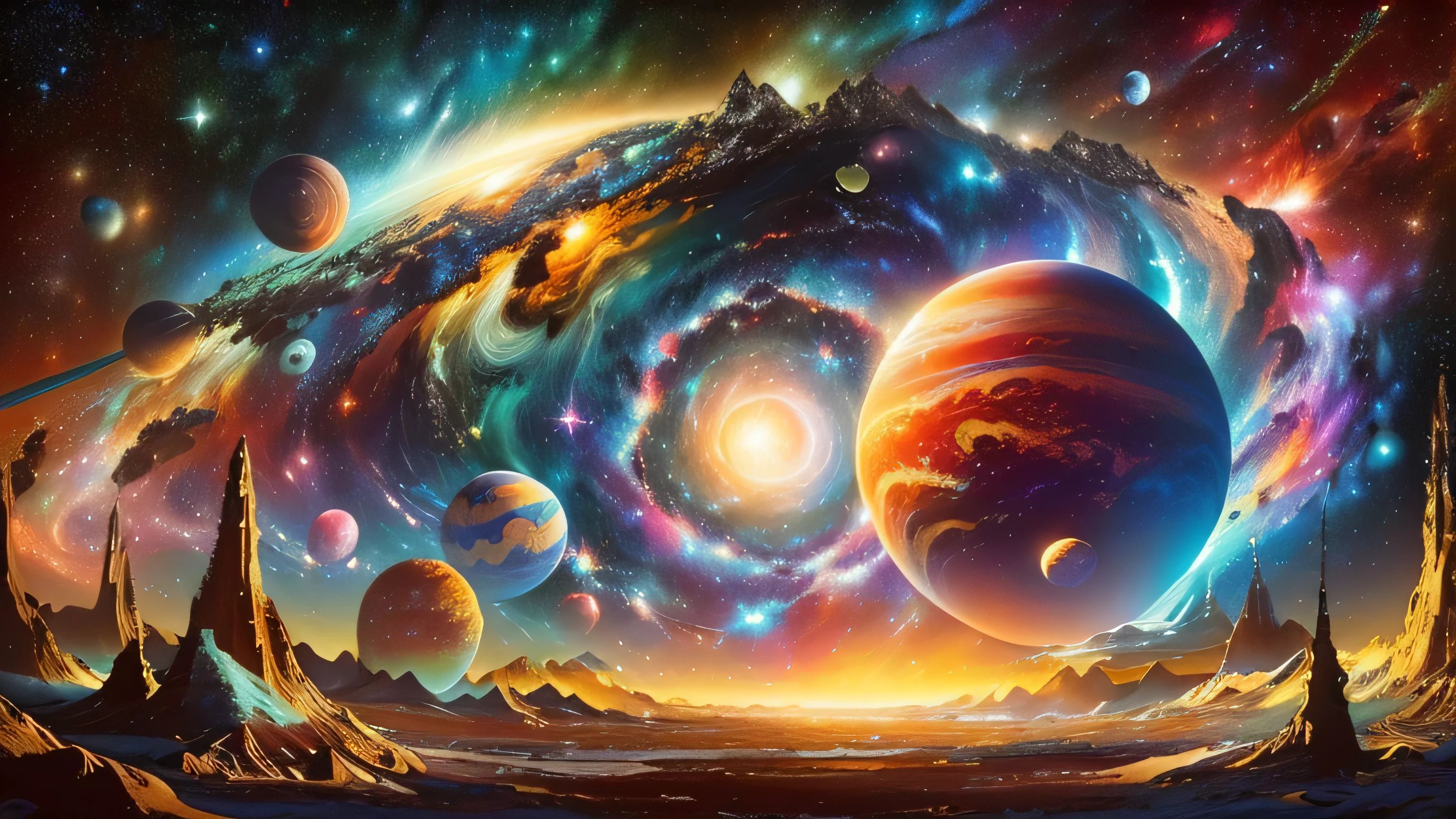 a painting of planets and stars in a galaxy with a bright light, planets and galaxies, galaxy space sci-fi, fantasy space, surreal space, cosmic and colorful, meaning of life in the universe, huge universe, planets in the skies, universe in the sky, galactic landscape, floating planets, beautiful space, epic beautiful space scifi, cosmic space, planets and stars