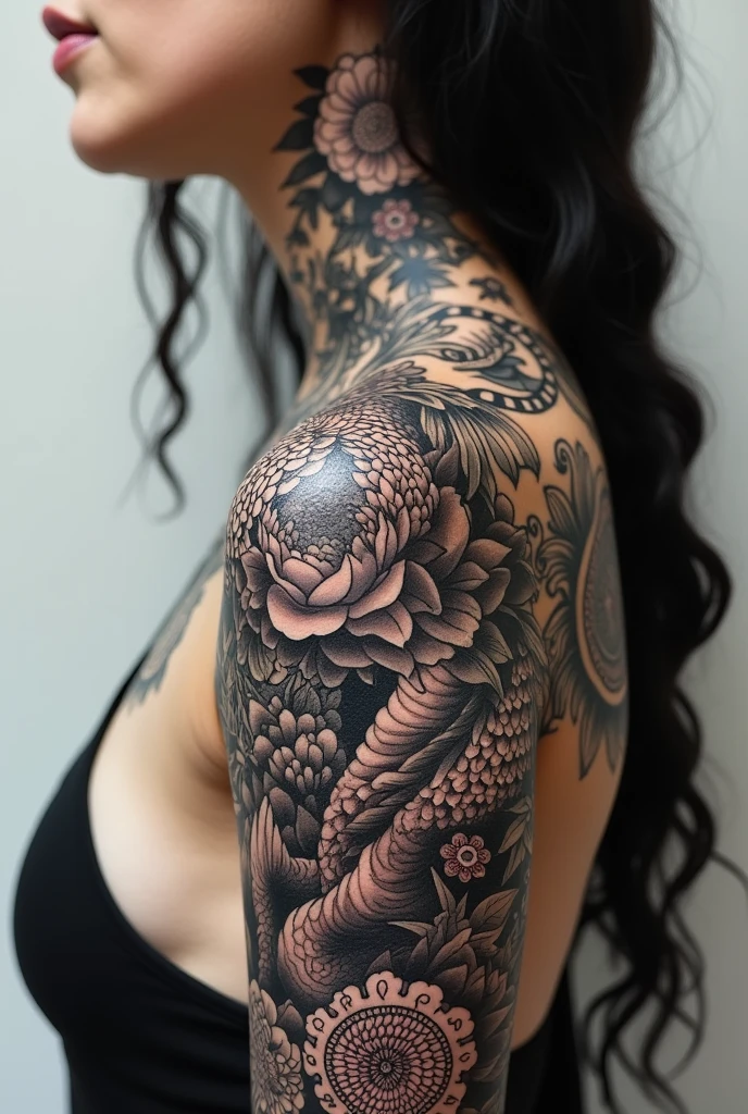 Create a tattoo design on a woman&#39;s left arm, a large peony climbing up the neck and never, descending a phoenix in large black work along with a dragon to the hand with mandalas and florals throughout the rest, tattoo color all black