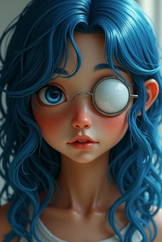 Girl with one opaque white eye due to blindness and a patch on the other eye. Lapis blue wavy hair and cinnamon brown skin. Uses telekinesis abilities.