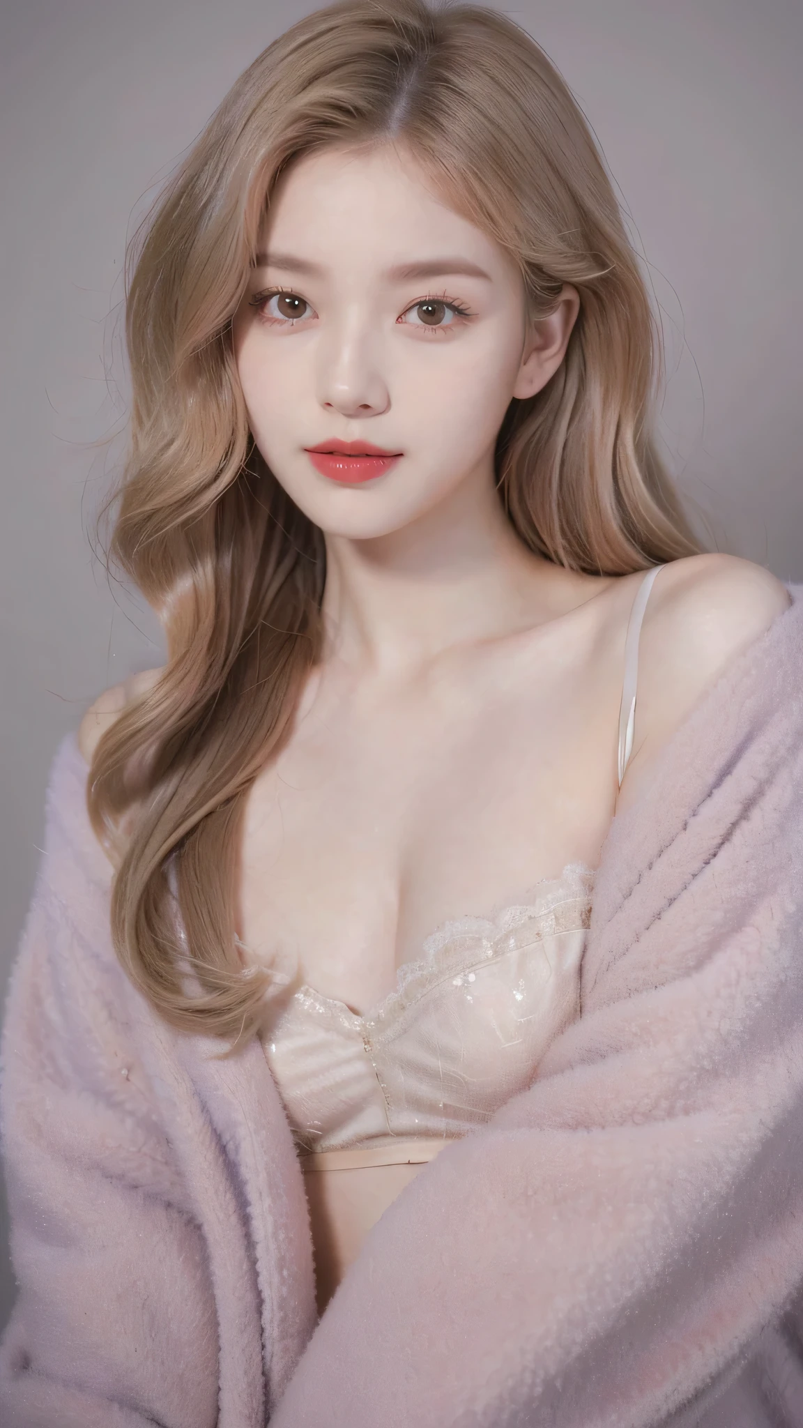 Girl wearing, luxury lavender coat, shoulder length hair, wavy hair, glowing skin, star in eye, red lips, grey background, cute poses , upper body, light blonde hair.
