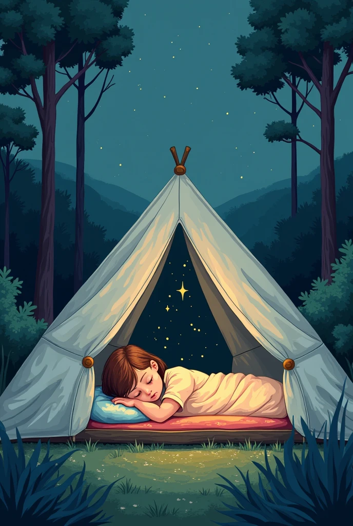 A girl is resting in a tent at a campsite、Dot絵で表現、Dot、