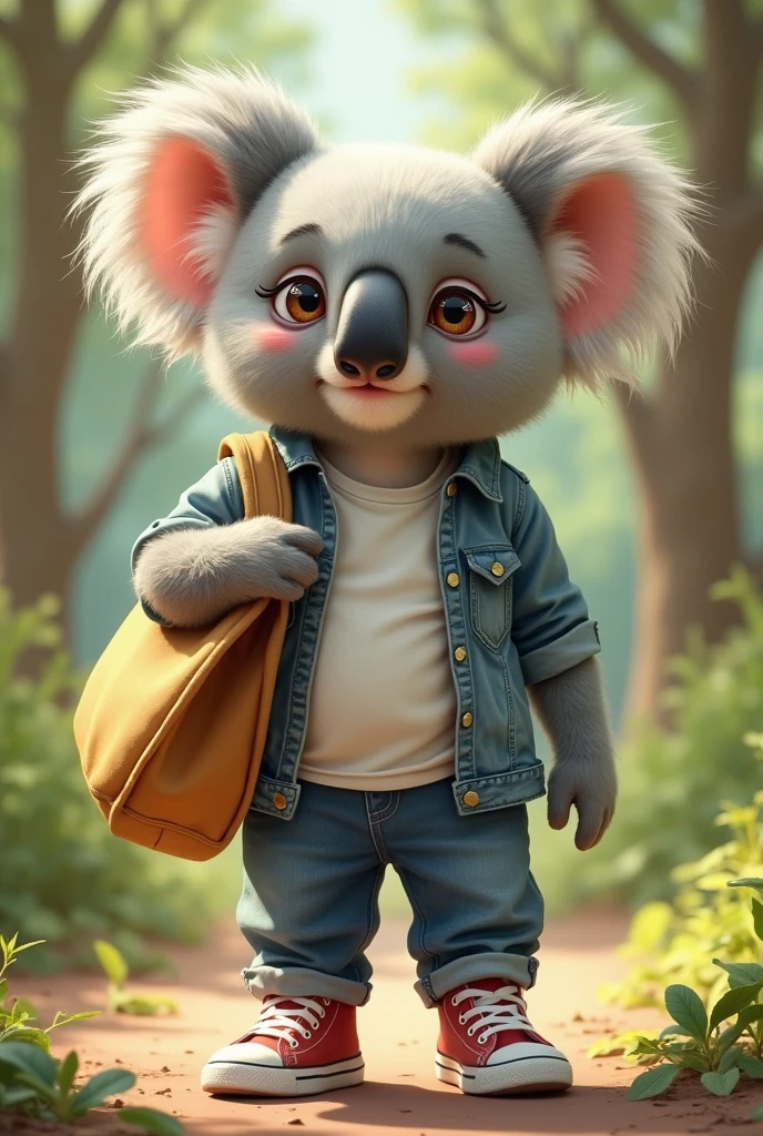A koala dressed in a modern casual style with a recycled cloth bag, funny and tender