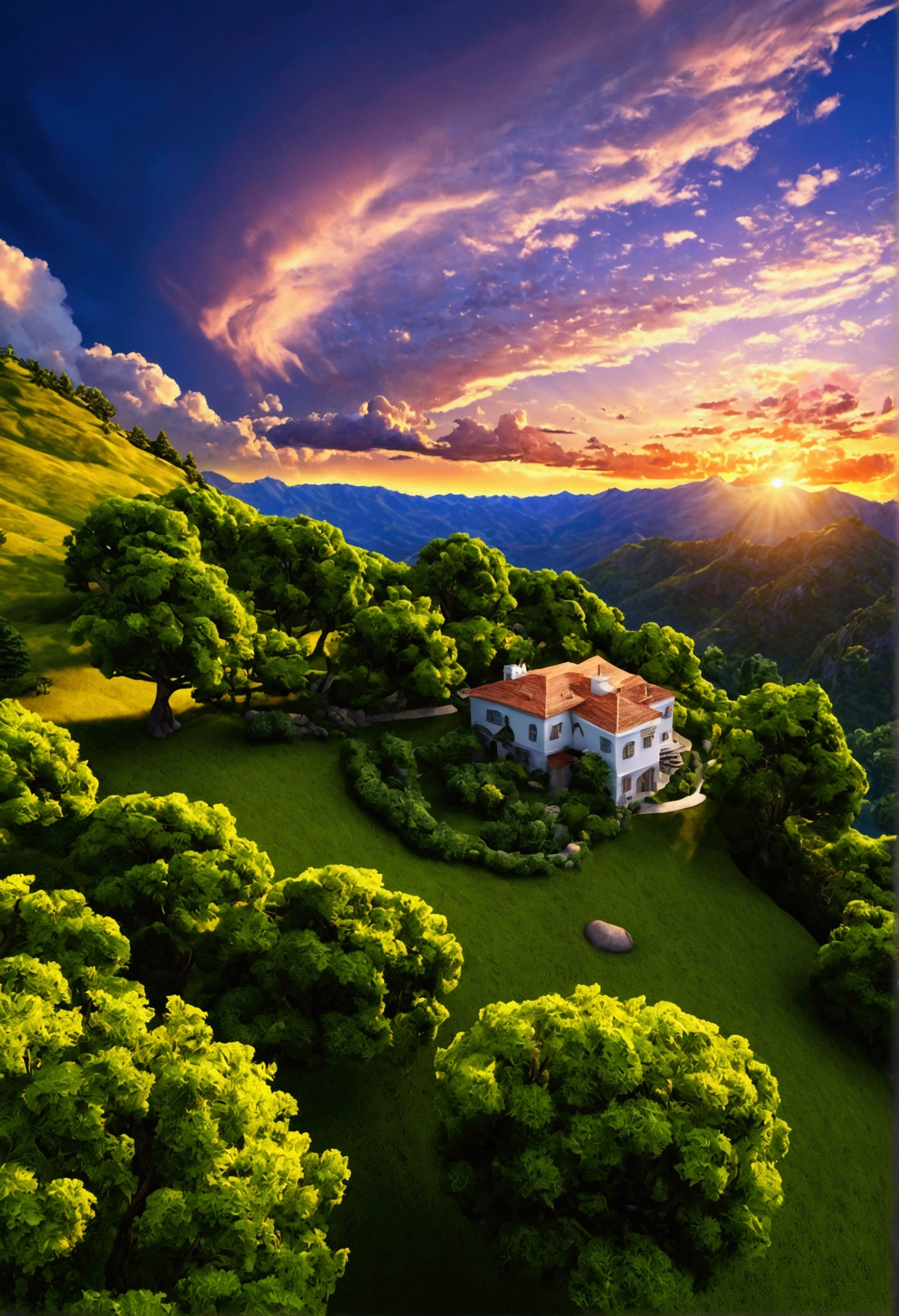 summer sky,photorrealistic,highly realistic,extremely details,stunningly lifelike,high contrast realism,high saturation realism,swirly vibrant colors,dramatic lighting,captivating landscape,compelling narrative,atmospheric scene,Mesmerizing visuals,details Intricate,strong emotions,beleza celestial,dream world,house on the mountain,sunrise, TREES! white clouds!
