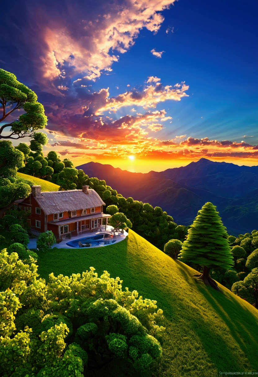 summer sky,photorrealistic,highly realistic,extremely details,stunningly lifelike,high contrast realism,high saturation realism,swirly vibrant colors,dramatic lighting,captivating landscape,compelling narrative,atmospheric scene,Mesmerizing visuals,details Intricate,strong emotions,beleza celestial,dream world,house on the mountain,sunrise, TREES! white clouds!
