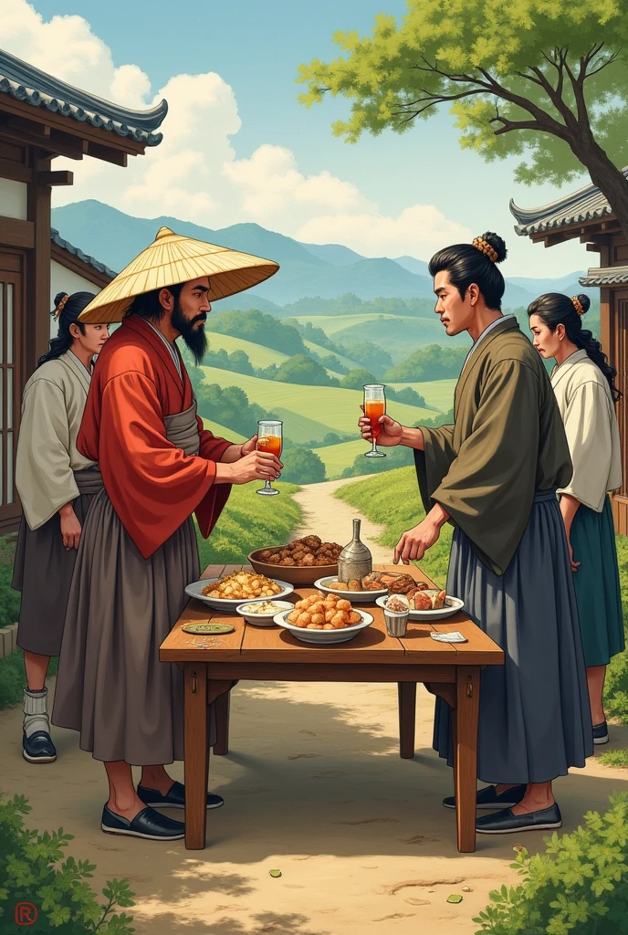 Edo Period　Japanese farmers offering food and drinks to Korean merchants