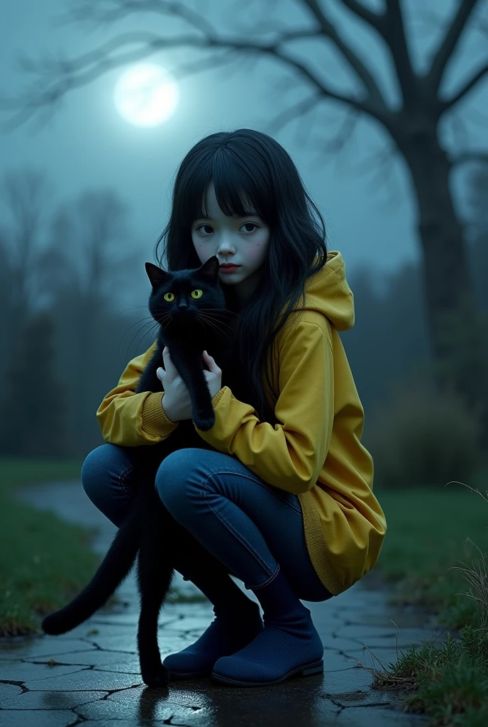 ((best quality9)), (photorealism:1.2), (detailed), Coraline character, real teenager, Coraline-like face, White skin, squatting, holding a black cat, wearing yellow rain jacket, dark blue jeans, and blue socks, Outdoor, misty garden, Wet, Moonlight, serene night, tree without leaves in the background, relaxed pose, realist, intricate details, cold colors, style, Henry Selick