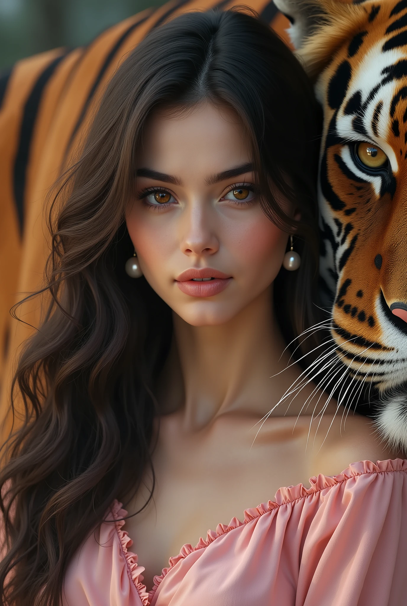(photorealism:1.2), A woman with long dark brown hair , big brown eyes with a small mouth, pink lips ,with pink blouse ,with pearl earrings next to a tiger
 