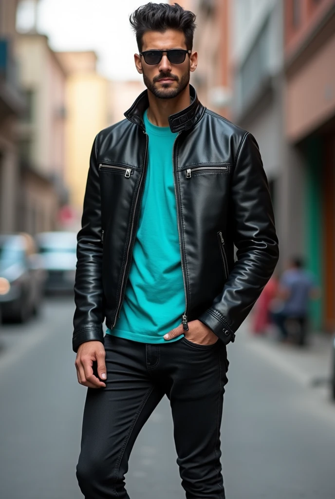 Man in black leather jacket, underneath a turquoise t-shirt, black jeans and camel-colored boots 