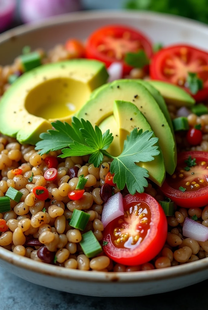 Create an image of this recipe: Lentil Salad with Avocado and Tomato Ingredients:
- Cooked lentils: 200 g - Avocado: 100 g
- Tomate: 100 g - Red onion: 50 g
- Cilantro fresco: 10 g - Olive oil: 15 ml - Lemon: 1 unit - Salt: 5 g - Pepper: 2 g Preparation:
1. Rinse the cooked lentils under cold water and drain well..
2. Peel and cut the avocado into cubes, y pica finamente el tomato, Onion and cilantro.
3. In a large bowl, Mix the lentils with the avocado, tomato, onion and cilantro.
4. Squeeze the lemon juice over the salad and add the olive oil., salt and pepper.
5. Mix well and serve at room temperature or cold..
