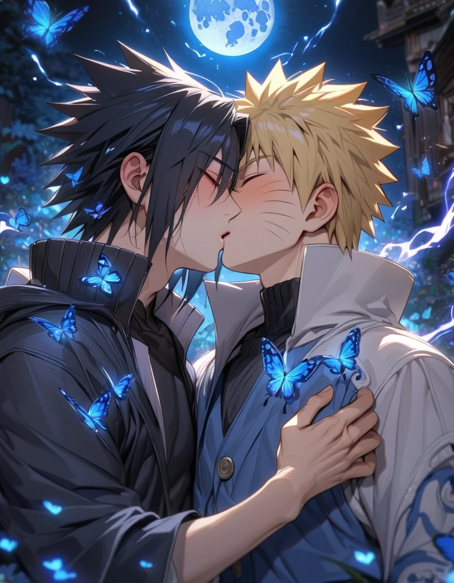 absurdres, highres, ultra detailed, HDR, master piece, best quality, extremely detailed, detailed face, Uchiha Sasuke, black hair, closed eyes, Naruto Shippuden, Uzumaki Naruto, blonde hair, closed eyes, two men sharing a kiss on the lips, yaoi, gay couple, in love, handsome, dark blue coat with high collar, blue vest, black shirt, magic, magical, fantasy, blue lightning, blue flames, blue moon, blue fireflies, blue roses, blue butterflies, glass magic