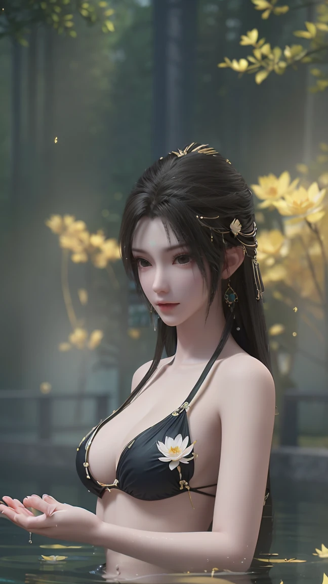 a beautiful young woman bathing in a serene lake, water up to her shoulders, her hands covering her chest, golden glowing lotus flowers floating on the surface, soft lighting, intimate and sensual mood, highly detailed, cinematic composition, realistic, photorealistic，Bikini，Very large breasts，Show your belly button