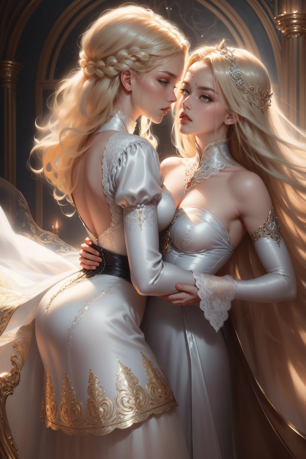 (Masterpiece - Ultra-detailed, very high resolution) Prepare to be enchanted by a true masterpiece that combines ultra-detailed art with high-resolution rendering. This work depicts a mesmerizing woman with very long blond hair (1.3) and captivating light blue eyes (1.2), emanating an aura of elegance and mystery in Victorian settings. The intricate details and realistic textures invite you to explore every aspect of this enchanting composition. Woman wearing beautiful classic Victorian costume from the year 1878. Red lips. Happy face. Smiling. (white dress). Dancing lightly, upper body, dynamic poses. Get ready to dive into a world where beauty and craftsmanship merge perfectly. kissing a man.