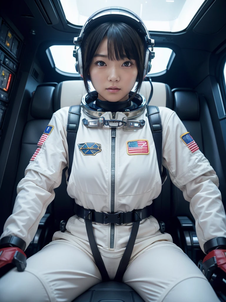 masterpiece, Highest quality, Very detailed, Japanese Android girl, Beautiful 2 Japanese woman, Plump,Control panel,Android,cyborg,Blunt bangs,Sitting in the cockpit of a spaceship and piloting it,The control stick is in the center of the seat.,astronaut,Red spacesuit,Secured to the seat with a thick harness,Full-face helmet,