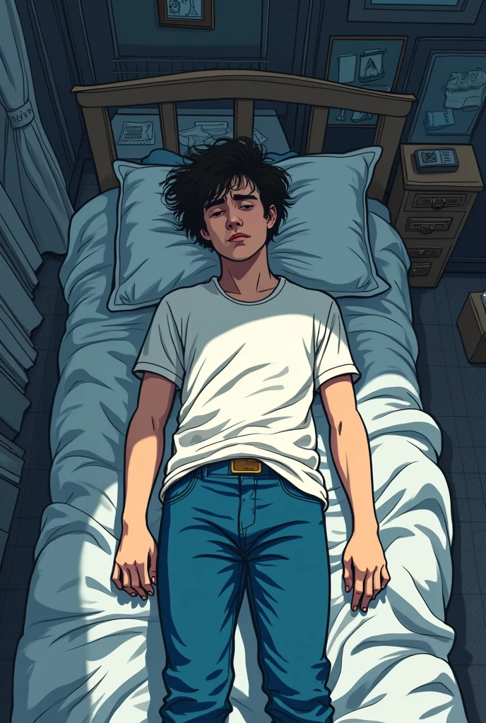 (minimalist cartoon drawing few colors almost black and white )(dark and sad air ) (young man messy hair )(white shirt blue pants)the young man is lying in his room (the room is messy)