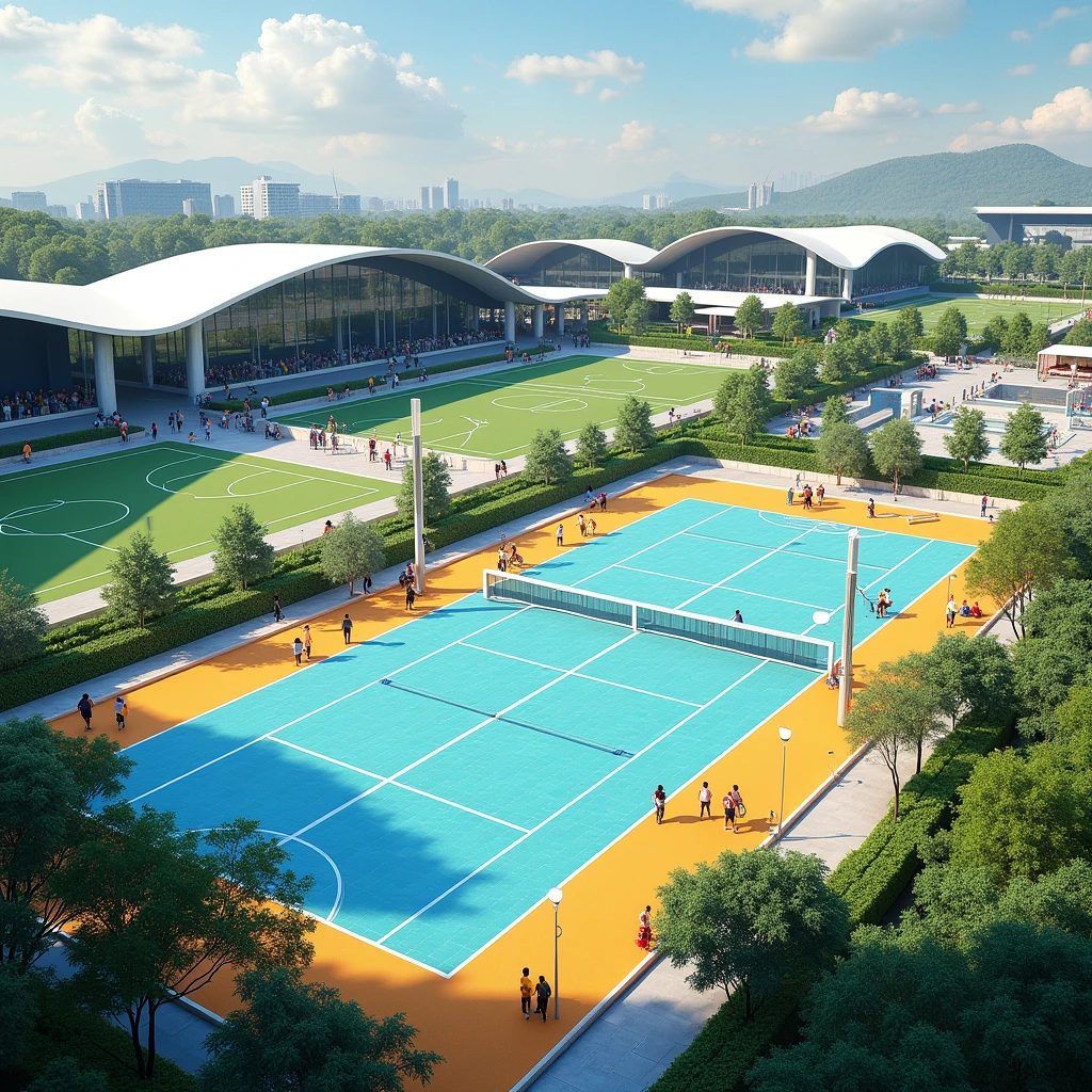 create an image of a club with courts, fields and pool