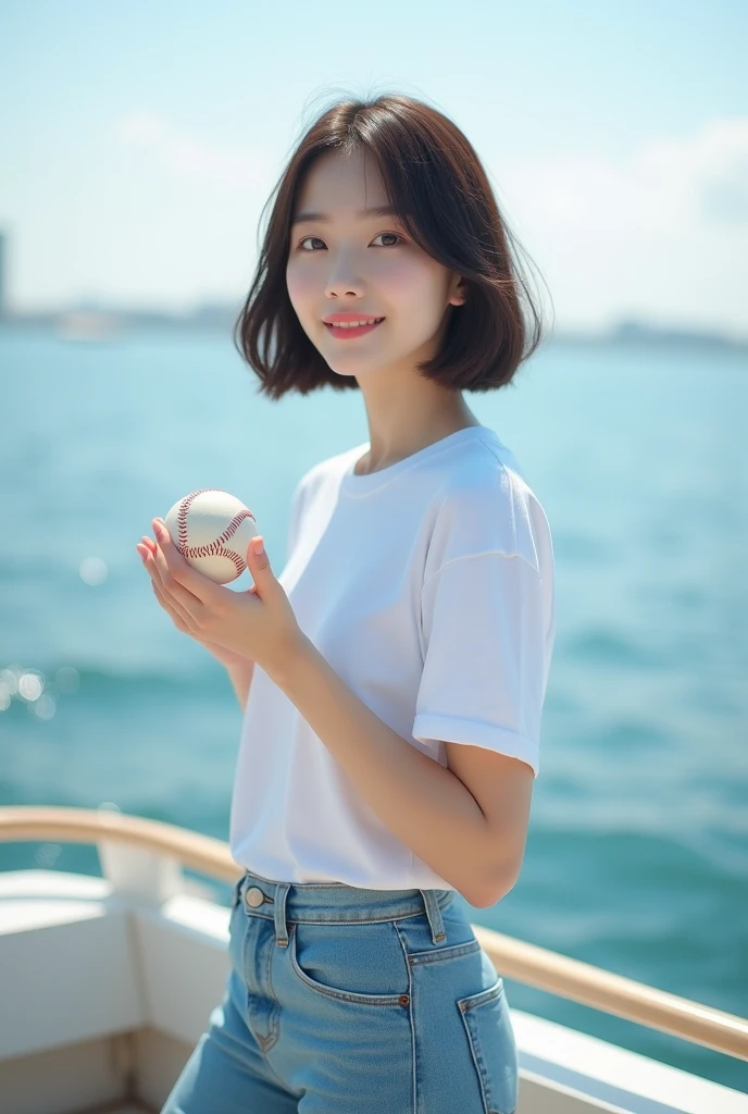 Highly realistic 8k photos, sea background, standing on a boat, One hand is raised to the side and a baseball is placed on the palm., The other hand is holding the thumb, Korean woman, Wearing a white t-shirt and jeans, standing face to face, Looking at the camera, short hair, A little smile,