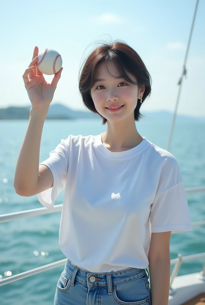 Highly realistic 8k photos, sea background, standing on a boat, One hand is raised to the side and a baseball is placed on the palm., The other hand is holding the thumb, Korean woman, Wearing a white t-shirt and jeans, standing face to face, Looking at the camera, short hair, A little smile,