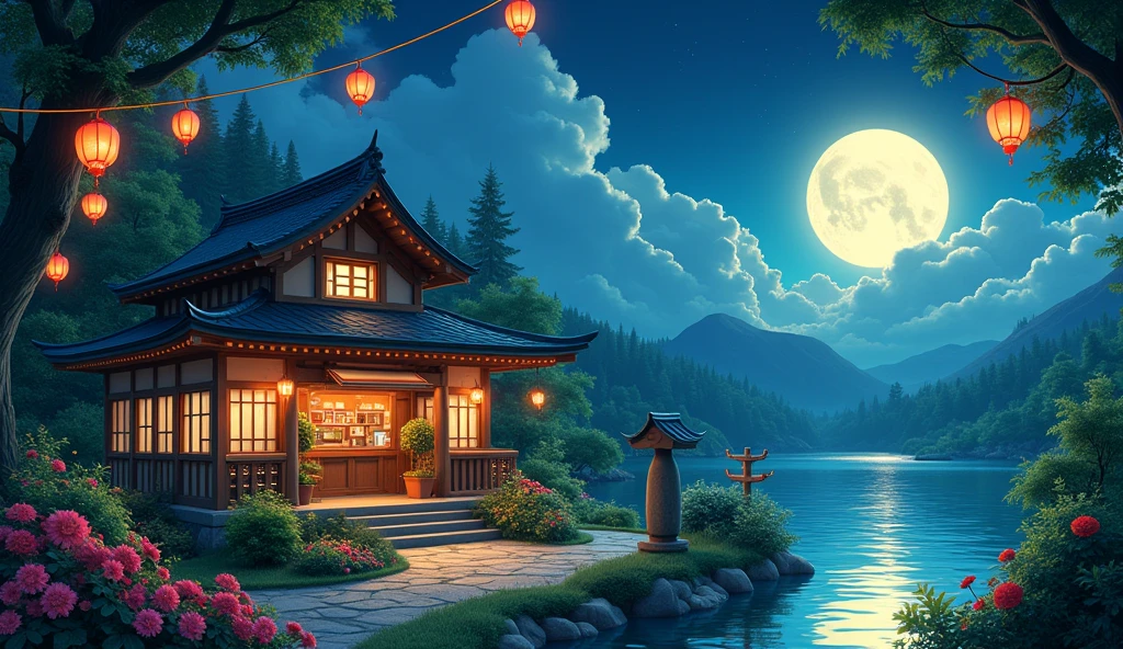 Ghibli's Worldview、Spirited Away、Soup house、Lantern、moonlight、Spectacular views、colorful