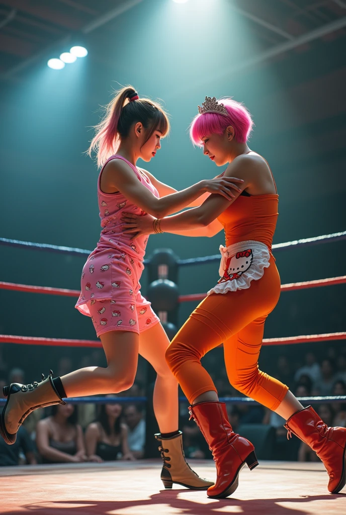 Create a professional shot that captures the dynamic moments of the wrestling scene between a beautiful Chinese girl with sloppy half-pink hair wearing pink pajamas with a Hello Kitty pattern and a short-haired Thai girl with sharp pink hair wearing an orange maid outfit.  They fought against the floating figures in the wrestling ring that were illuminated by the spotlight.  The wrestling scene should be shown in the center of the slide.  They fought and seemed to float with bumps and locks in mid-air.  Color photography, Perfect spotlight lighting creates a breathtaking and thrilling atmosphere, Ultra Wide Angle Shot, Full Body View, Detail, Wrestling Costume Lookalike, Volumetric Light, Professional, Realistic, Exaggerated, Realistic, Highly Detailed
