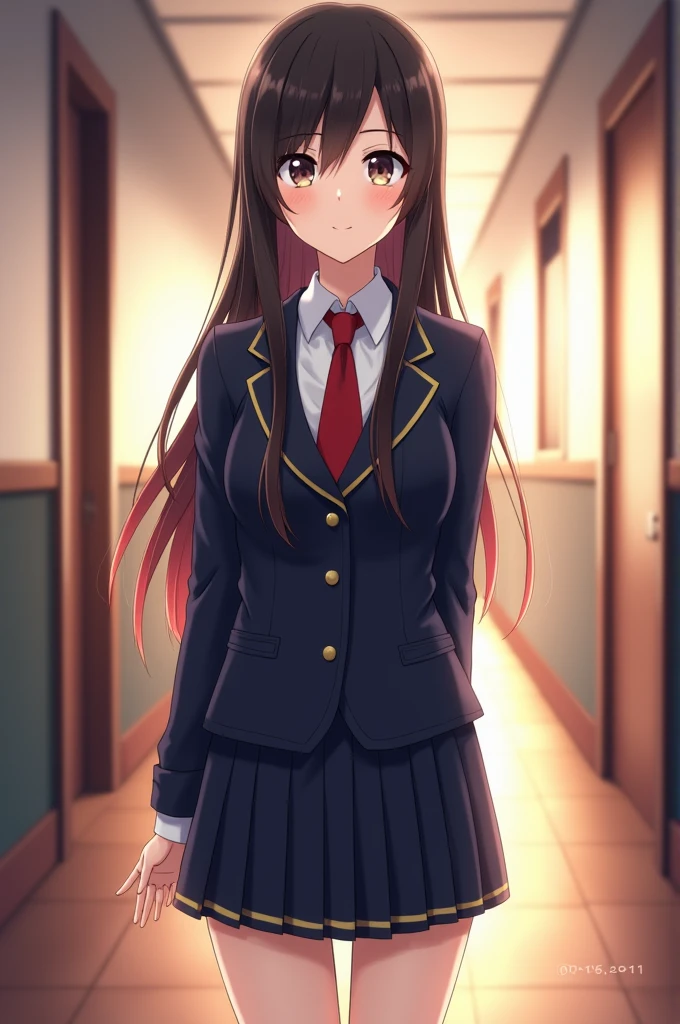 Create a highly detailed anime character portrait of a young woman named Mai Sakurajima. She has long, straight black hair that reaches down to her waist, with a slightly reddish-brown tint in the light. Her hair is typically worn loose, but sometimes she has it tied in a low ponytail with a ribbon. Her eyes are large, almond-shaped, and a deep, almost bluish-grey color, giving her a calm and serene expression. Her skin is fair and smooth, with no visible blemishes. Mai is of average height, around 5'5" (165 cm), with a slim and elegant build that reflects her background as a model and actress. She is wearing a traditional Japanese high school uniform, which includes a white blouse, a red necktie, and a navy blue pleated skirt that falls just above her knees. She also has a matching navy blue blazer with gold buttons. Mai stands with a graceful and confident posture, and her facial expression is calm, with a subtle, gentle smile. The setting is a typical school hallway with soft lighting that adds a warm glow to her figure.