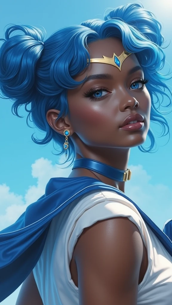 Sailor Mercury  with blue hair and a blue cape on her head, artgerm jsc, portrait knights of zodiac girl, extremely detailed artgerm, ross tran 8 k, in the style of ross tran, artgerm julie bell beeple, by Ross Tran, ross tran style, alena aenami and artgerm, inspired by Ross Tran