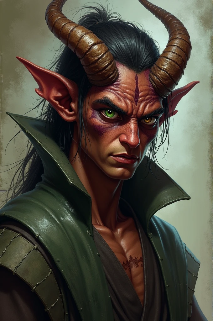 And a character for RPG, a brown-skinned Tiefling with only one horn wearing something similar to a kimono and each of his eyes also has a different color, the right eye has a green pupil and the left is dark with a golden pupil and dark sclera.