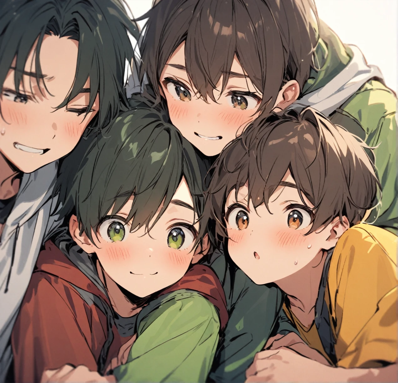 Three cute ager boys huddled together
