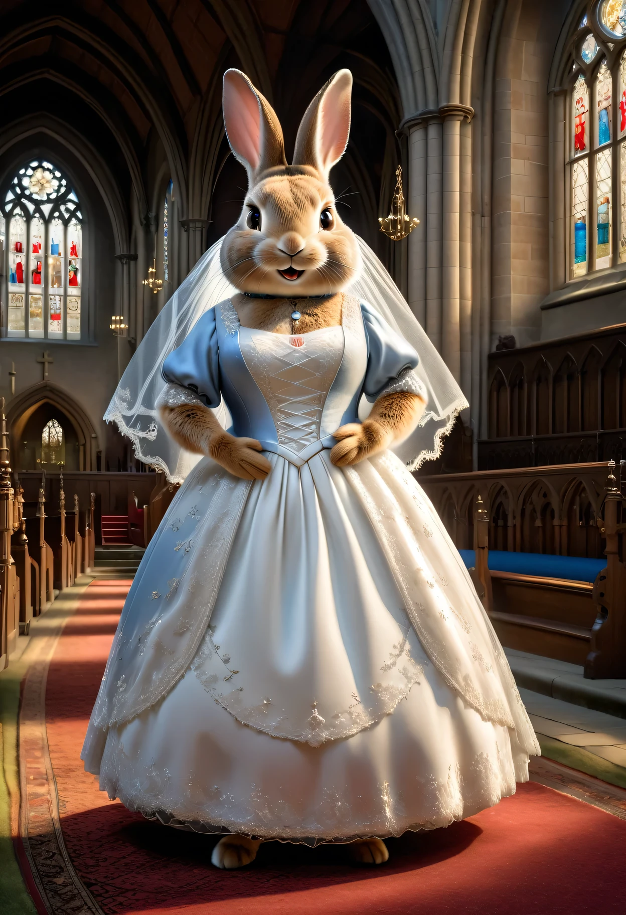 photorealistic portrait of Dressed animals - a ((fat)) Peter rabbit bride,(elegant pose),(happy smile),(furry), (hands on hips:1.5),high quality,(lovely) ,intricate details, highly detailed (gothic wedding dress)),(wearing short skirt :1.5), opera globes ,wearing highly detailed veil, highly detailed decorations , (happy), perfect lighting,(full body image:2.0),in church background,