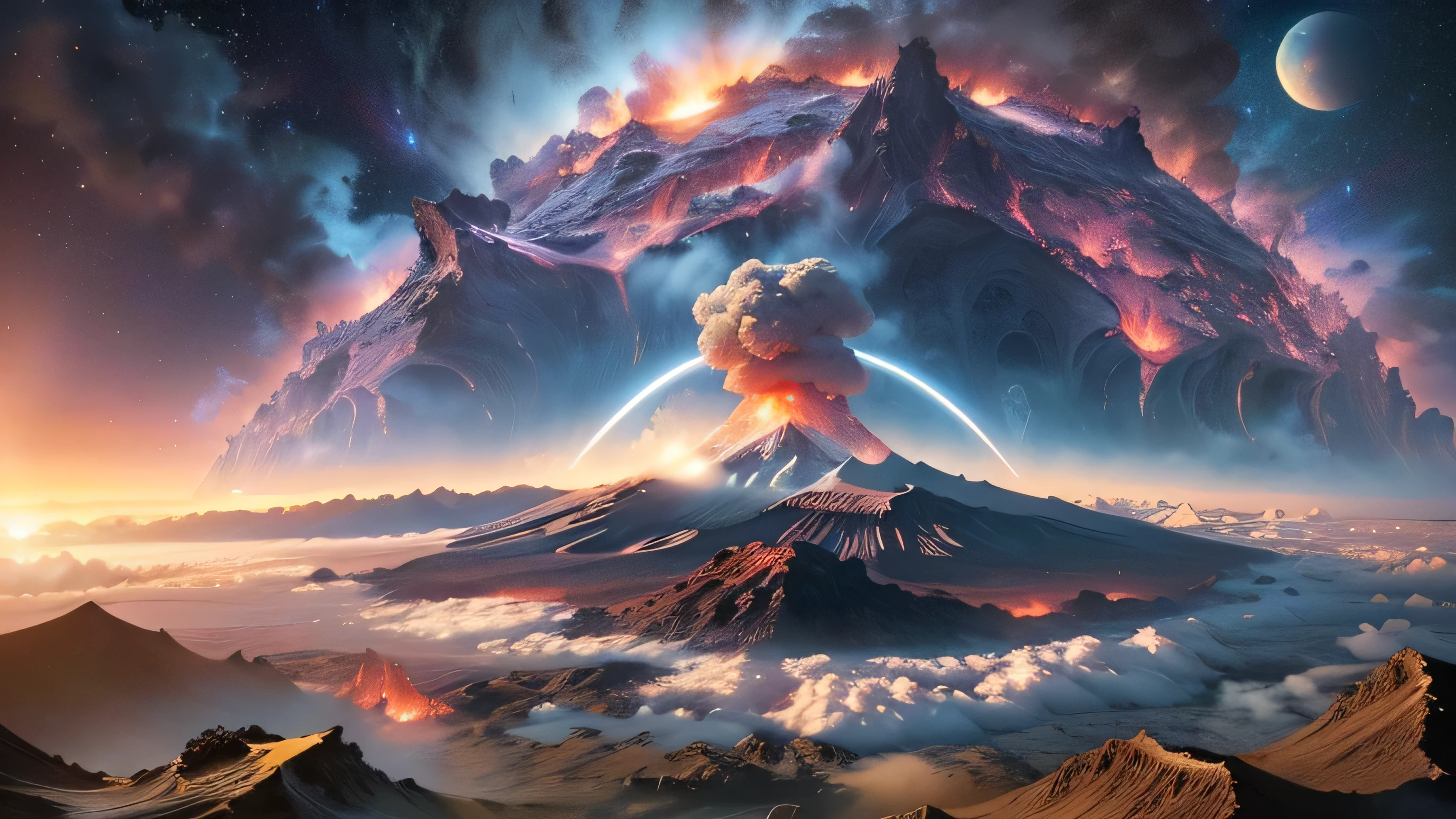 Aerial view of a volcano with a huge cloud of smoke and lava, alien landscape de tirar o fôlego, magnificent background, landscape of an alien world, amazing alien landscape, volcano landscape, beautiful alien landscape, planet landscape, amazing wallpaper, stunning alien landscape, galactic landscape, alien world, highly detailed digital art in 4k, an alien landscape view, cosmic landscape, alien landscape