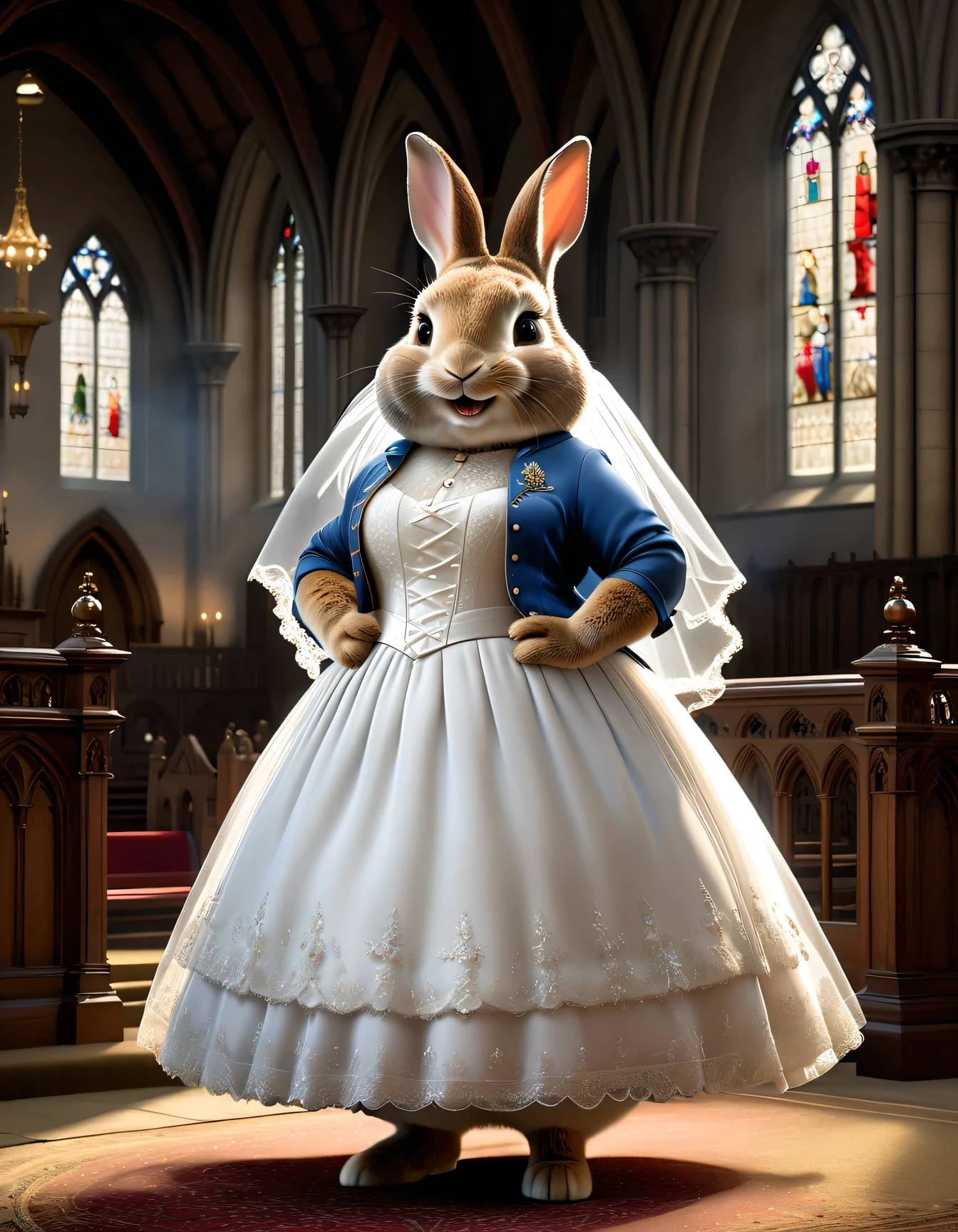 photorealistic portrait of Dressed animals - a ((fat)) Peter rabbit bride,(elegant pose),(happy smile),(furry), (hands on hips:1.5),high quality,(lovely) ,intricate details, highly detailed (gothic  wedding dress)),(wearing short skirt :1.5), opera globes ,wearing highly detailed veil, highly detailed decorations , (happy), perfect lighting,(full body image:2.0),in church background,