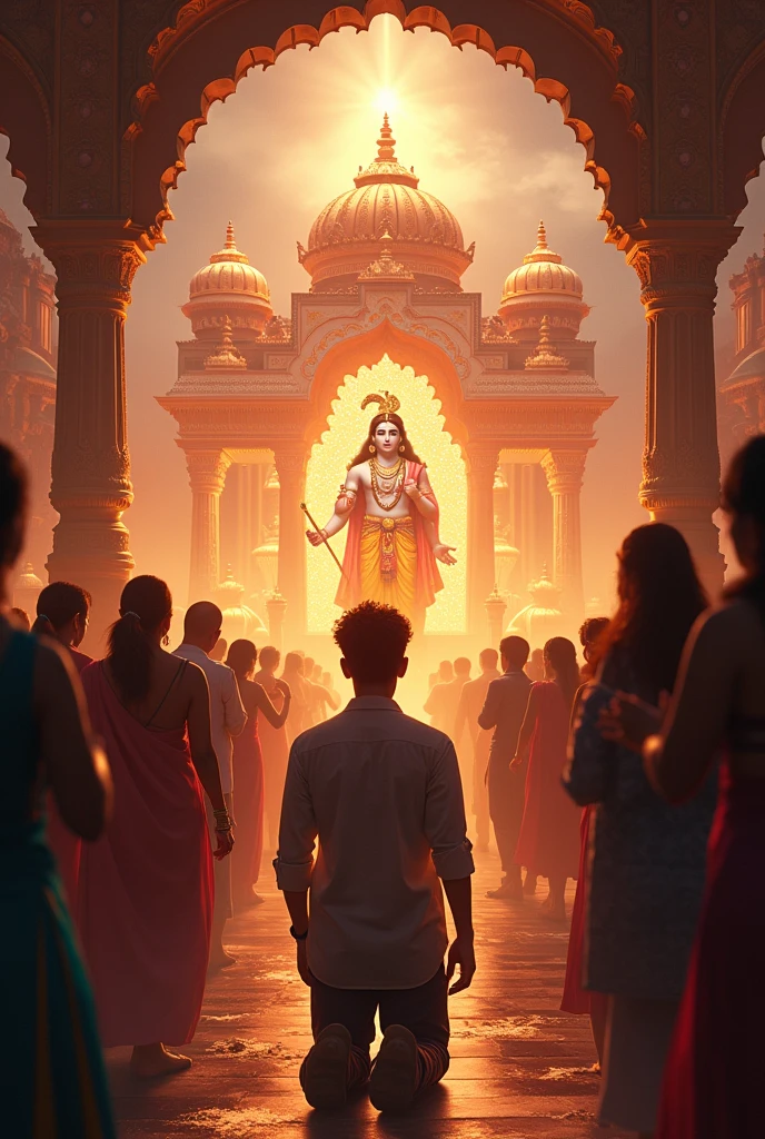 Create a scene set in a beautifully decorated temple during Krishna Janmashtami, filled with devotees, music, and festive decorations. Focus on a young trader named Ramesh, who enters the temple with a troubled expression, burdened by the unpredictability of the stock market. As he kneels before the idol of Lord Krishna, a divine light fills the temple, and Krishna appears before him, radiating calm and compassion.