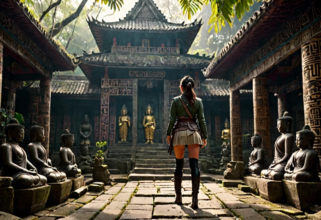 Aubrey Plaza as a dungeon explorer, whip on hip, pistol on hip, hair in ponytail, heavy boots, examining glyphs on a Buddha statue in a vine-infested ancient temple, highly detailed, cinematic lighting, 4k, photorealistic, dramatic composition, moody atmosphere, mystical, fantasy, adventure