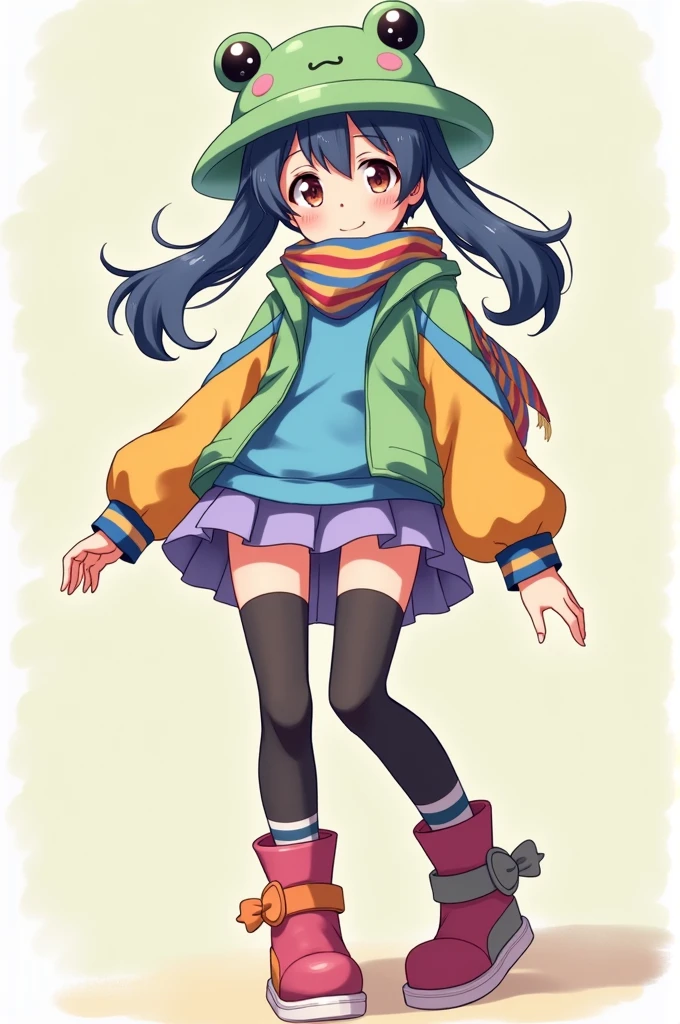 Create an anime style girl with a blue sweatshirt under a light green jacket with orange and blue sleeves, with frog hat, purple and yellow short skirt, with a blue and red scarf, with long black and white stockings, with pastel red and dark purple boots, with hair in long pigtails half blue and half brown