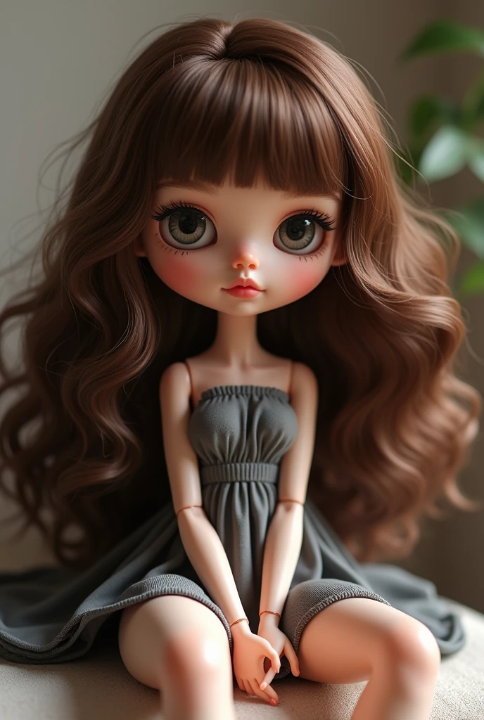 Make a blythe doll with brown hair, big fit ass, without bangs, curly at the ends. Com olhos big fit asss e arredondados, medium nose and striking eyebrows and sitting