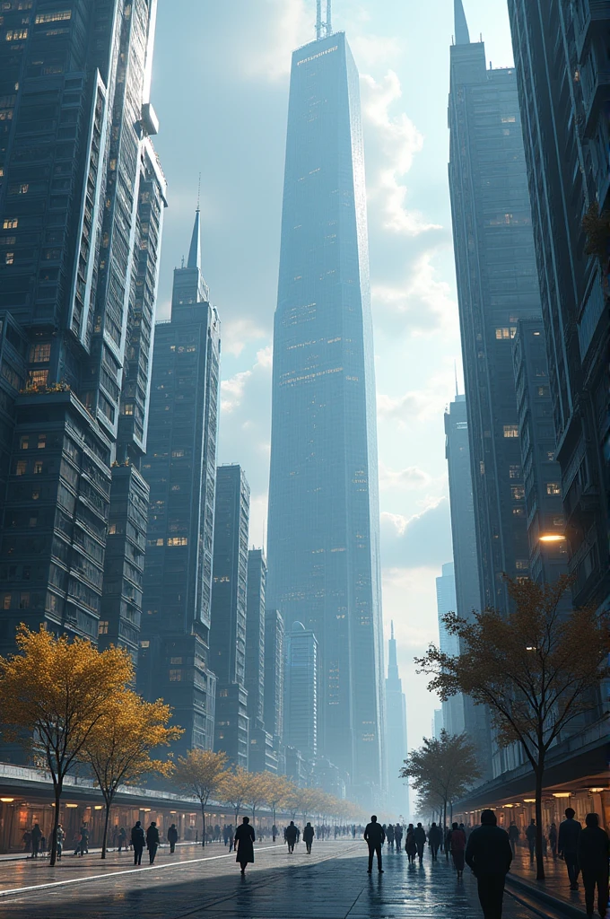 A city with huge vertical structures with and full of advanced technology and humanity with artificial intelligence and virtual reality in their daily lives.(vertical image )