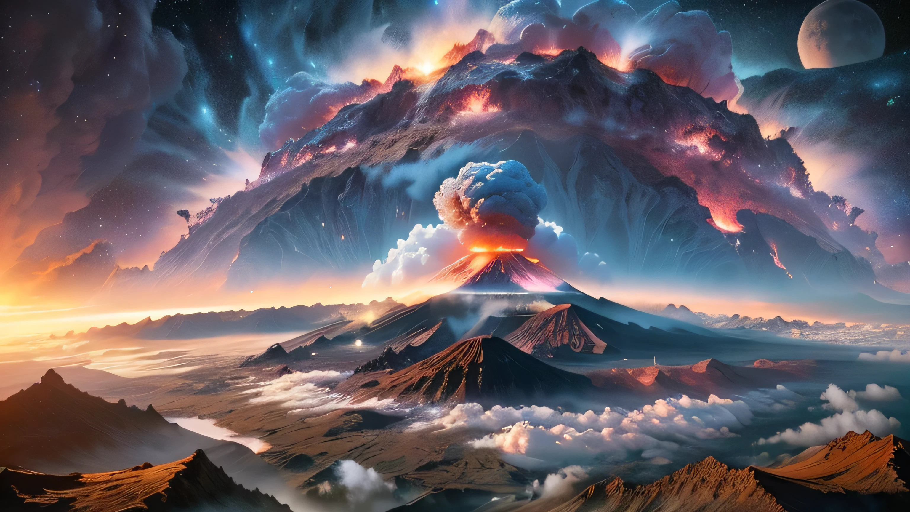 Aerial view of a volcano with a huge cloud of smoke and lava, alien landscape de tirar o fôlego, magnificent background, landscape of an alien world, amazing alien landscape, volcano landscape, beautiful alien landscape, planet landscape, amazing wallpaper, stunning alien landscape, galactic landscape, alien world, highly detailed digital art in 4k, an alien landscape view, cosmic landscape, alien landscape