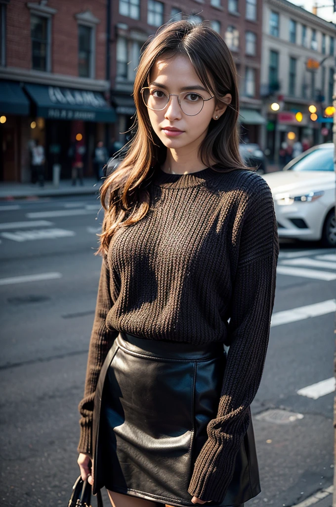 Photo of a beautiful woman standing on a street corner, (masterpiece:1.2, highest quality), (Realistic, photoRealistic:1.4), Beautiful illustrations, (Natural Side Lighting, Cinema Lighting), Written boundary depth, Beautiful thighs staring at the viewer, (((Face Focus, Upper Body))), 1 female, 30-year-old, alone, thin, slender, small breasts!!!, Loose curly hair, Bedhead, Forehead, thin, slender, (((glasses))), Knit sweater, Skinny skirt, Are standing, New York 25th Street, portrait