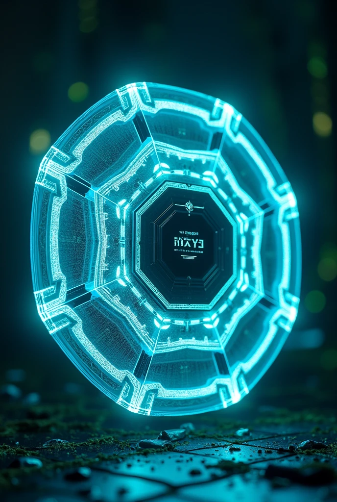 Visualize a transparent, glowing energy barrier surrounding a futuristic device. The shield should have a sleek, hexagonal pattern with vibrant colors like electric blue or neon green. The energy should appear strong and impenetrable, with faint waves of force rippling outwards. The background could be a battlefield or a dark corridor, highlighting the protective nature of the shield.