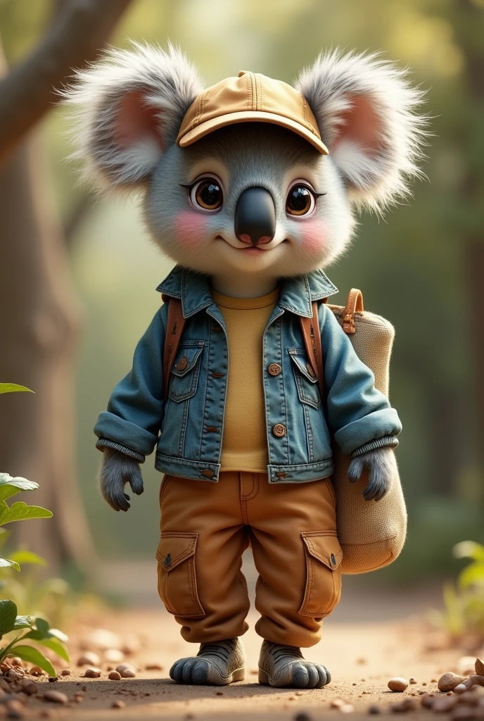 A koala dressed like in the 2000s with a recycled cloth bag, funny and tender