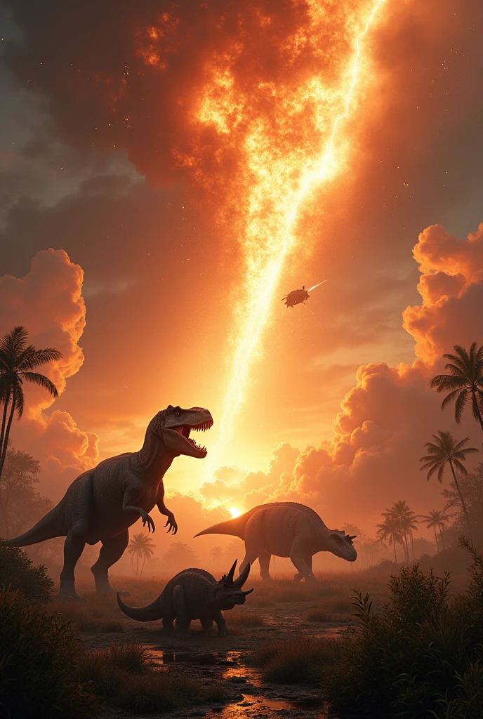 A meteor falling and killing the dinosaurs 