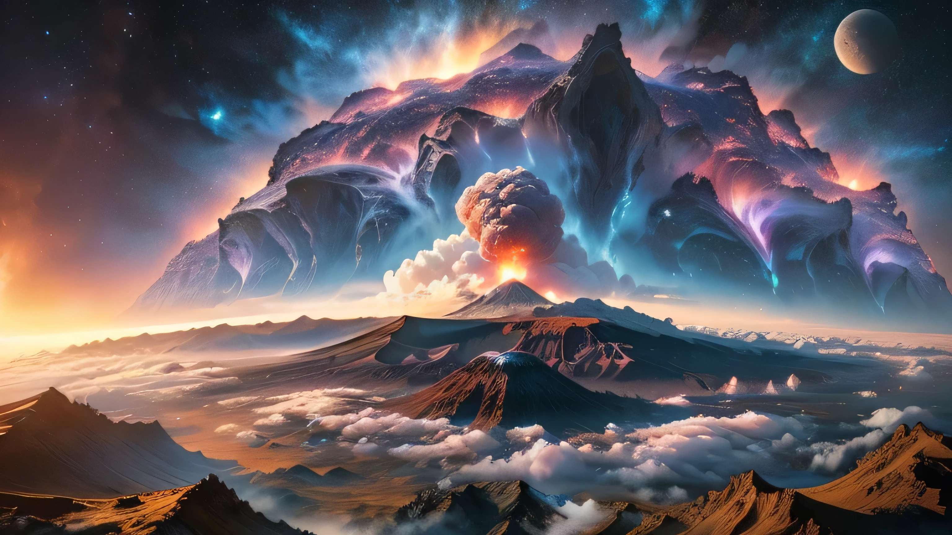 Aerial view of a volcano with a huge cloud of smoke and lava, alien landscape de tirar o fôlego, magnificent background, landscape of an alien world, amazing alien landscape, volcano landscape, beautiful alien landscape, planet landscape, amazing wallpaper, stunning alien landscape, galactic landscape, alien world, highly detailed digital art in 4k, an alien landscape view, cosmic landscape, alien landscape