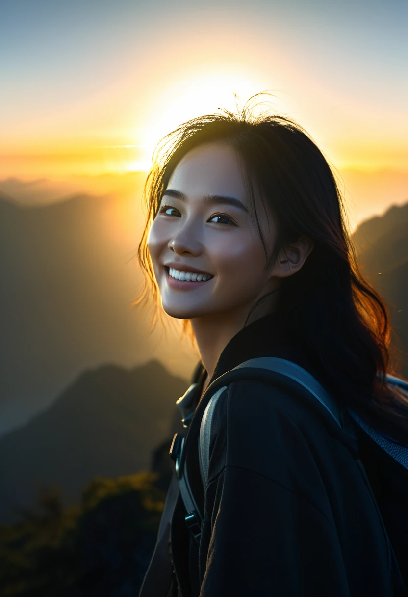 A young asian woman smiling as she faces a sunrise. Silhouette effect with golden rim lighting. Lens flare. Inspirational and hopeful mood. Wide landscape shot. High dynamic range (HDR) rendering.
Cinematic lighting, high detail, 8K, artstation, conceptual art, dark fantasy. Photo taken with Canon EOS R5 85mm f/11 camera, sharp mode. 8K picture quality, realistic, masterpiece, sharpest and highest contrast, excellent depth of field, stereoscopic light.