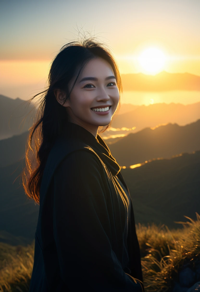 A young asian woman smiling as she faces a sunrise. Silhouette effect with golden rim lighting. Lens flare. Inspirational and hopeful mood. Wide landscape shot. High dynamic range (HDR) rendering.
Cinematic lighting, high detail, 8K, artstation, conceptual art, dark fantasy. Photo taken with Canon EOS R5 85mm f/11 camera, sharp mode. 8K picture quality, realistic, masterpiece, sharpest and highest contrast, excellent depth of field, stereoscopic light.
