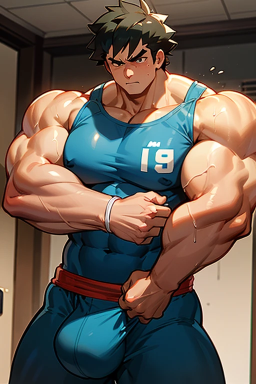 Ash Ketchum and Gary Oak from Pokémon anime as a big dumb age muscular bodybuilder jocks in a locker room flexing and staring blankly as their eyes glow red under hypnosis as they repeat, "Bigger... Dumber.... Must obey.... More like a jock bro every day.... Yes, Coach. I obey. Huhuhuhuh.... Sweaty brutes must obey.... Sweaty brutes do what you say.... Big ... sweaty ... musky jock bro.... Huhuhuhuh...." in deep mindless emotionless voice with fellow hypnotized jocks to forget about Pokémon training and focus instead on training their own bodies and obeying their coach. Mouths dropped open. Hyper swollen bulging crotches. Hyper muscles. Toned muscles. 5% body fat. Steam rising from armpits and shoulders. Big biceps. Big triceps. Broad shoulders. Big traps. Big lats. Big meaty pecs. Massive deltoids. Six-pack abs. Spherical glutes. Brainwashing. Hypnosis. Hypnotized. Bro. IQ drain. Dumber and dumber. Meathead. Musclehead. Mindless. Hypno. Mind control. Brain drain. Entranced. Brute. Brutification. Brain drain. brainwashed. brainwash. Meathead jock bro assimilation. Mindless. Brainless. Empty stare. Hairy pecs. Hairy armpits. Treasure trail.