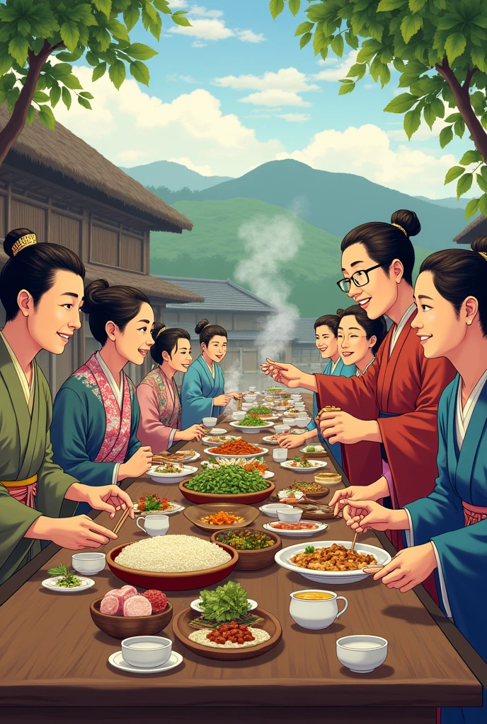 Edo Period Japanese farmers offering food and drinks to Korean merchants The banquet joyful