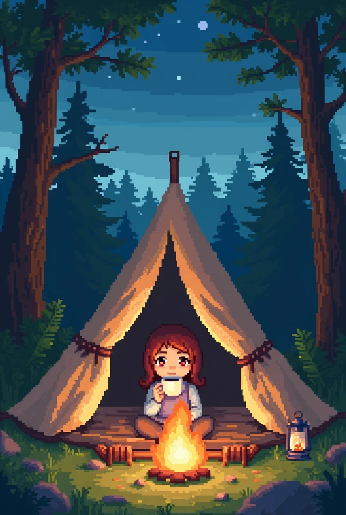 A girl drinks coffee in a tent at a campsite、Expressed in pixel art、Romancing Saga-style art